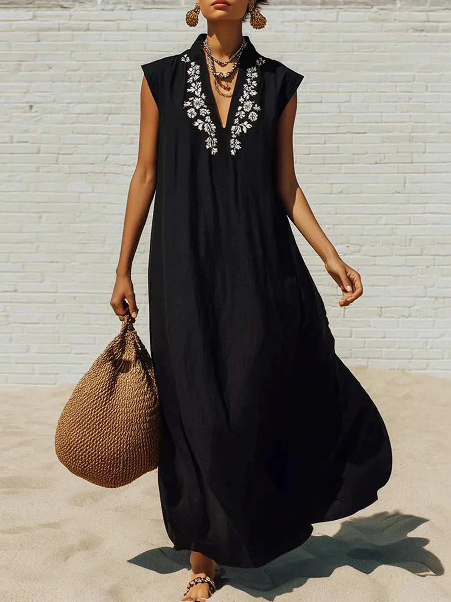 Elegant Black Embroidered Sleeveless Maxi Dress