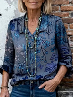 Blue Floral Print Long Sleeve Blouse
