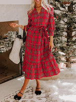 Red Tie-Waist Plaid Long Sleeve Midi Dress