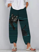 Cat Print Striped Patchwork Elastic Waist Casual Pants