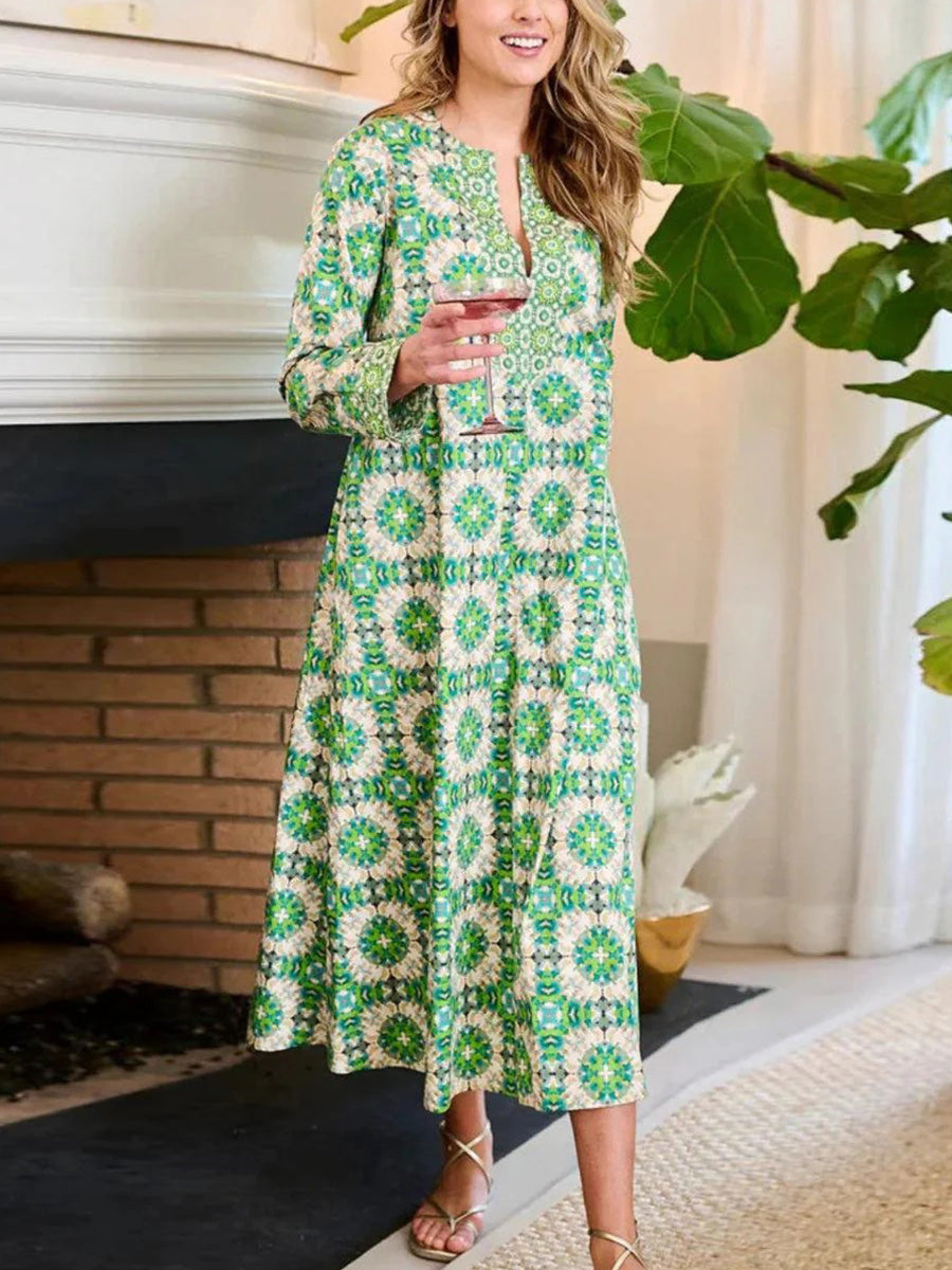 Fresh V-Neck Long Sleeve Midi Dress