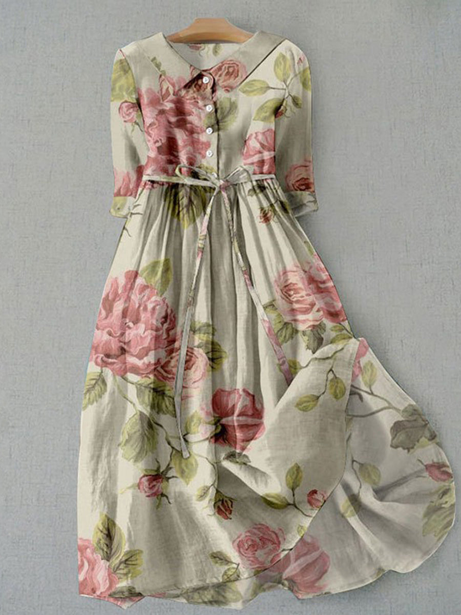 Women's Vintage Floral Button Front Tie Waist Maxi Dress