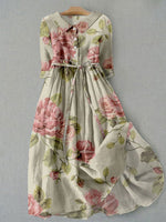 Women's Vintage Floral Button Front Tie Waist Maxi Dress