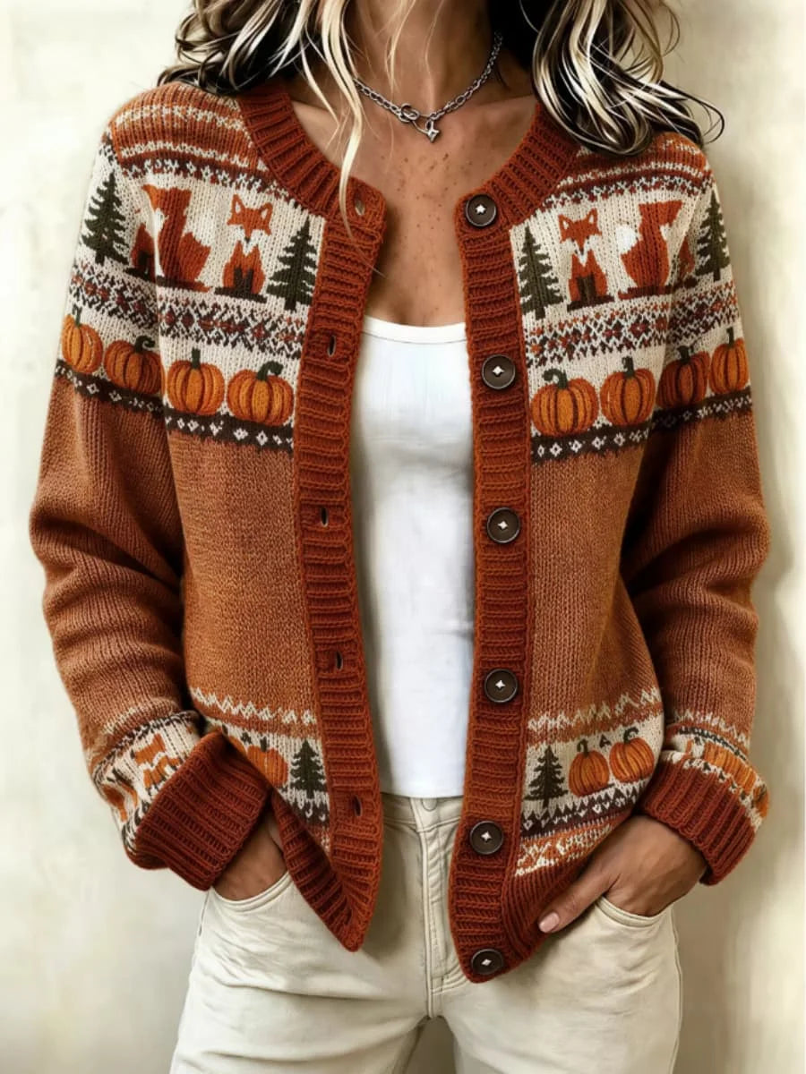Vintage Printing Geometric Long Sleeve Crew Neck Cardigan