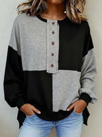 Stylish Color Block Grey Round Neck Long Sleeve Top