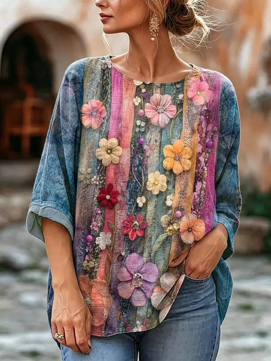 Women's Patchwork Floral Watercolor Print Linen Blend Blouse