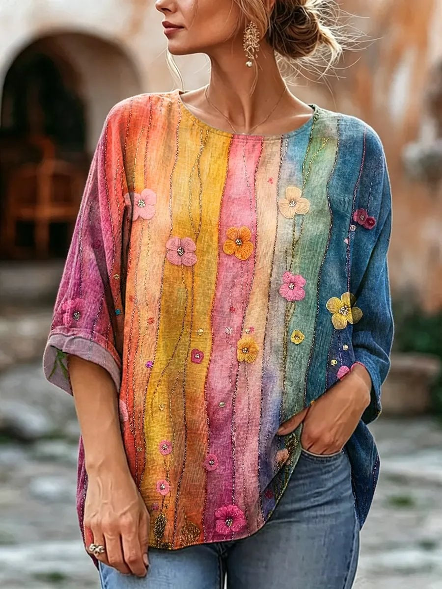 Women's Rainbow Stripe Floral Print Linen Blend Blouse