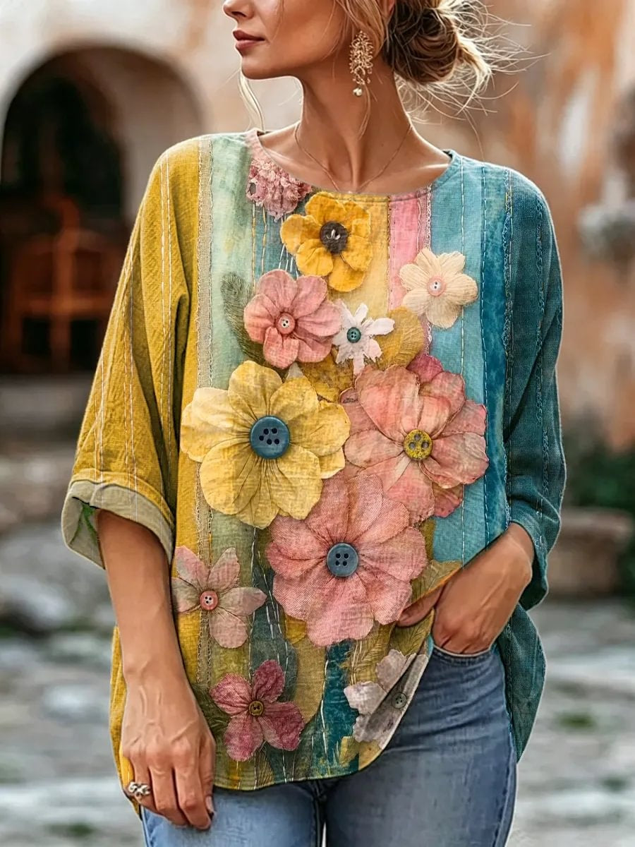 Women's Vintage Floral Patchwork Print Linen Blend Blouse