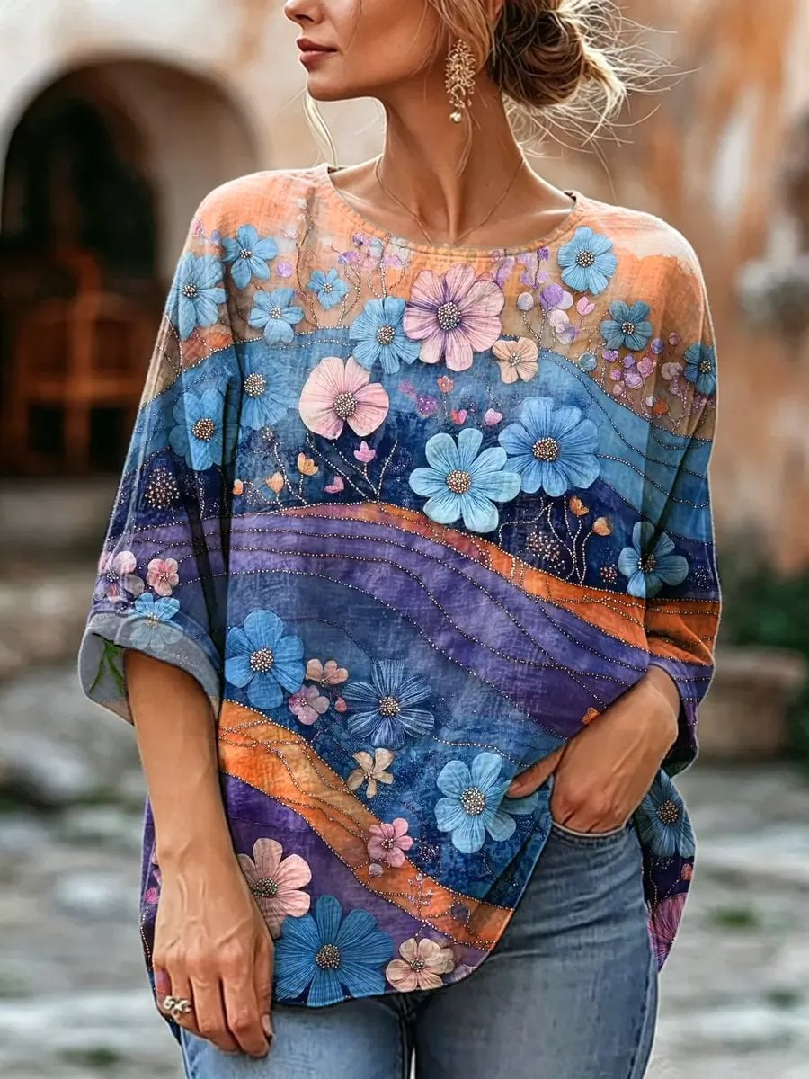 Women's Ocean Floral Gradient Watercolor Print Linen Blend Blouse