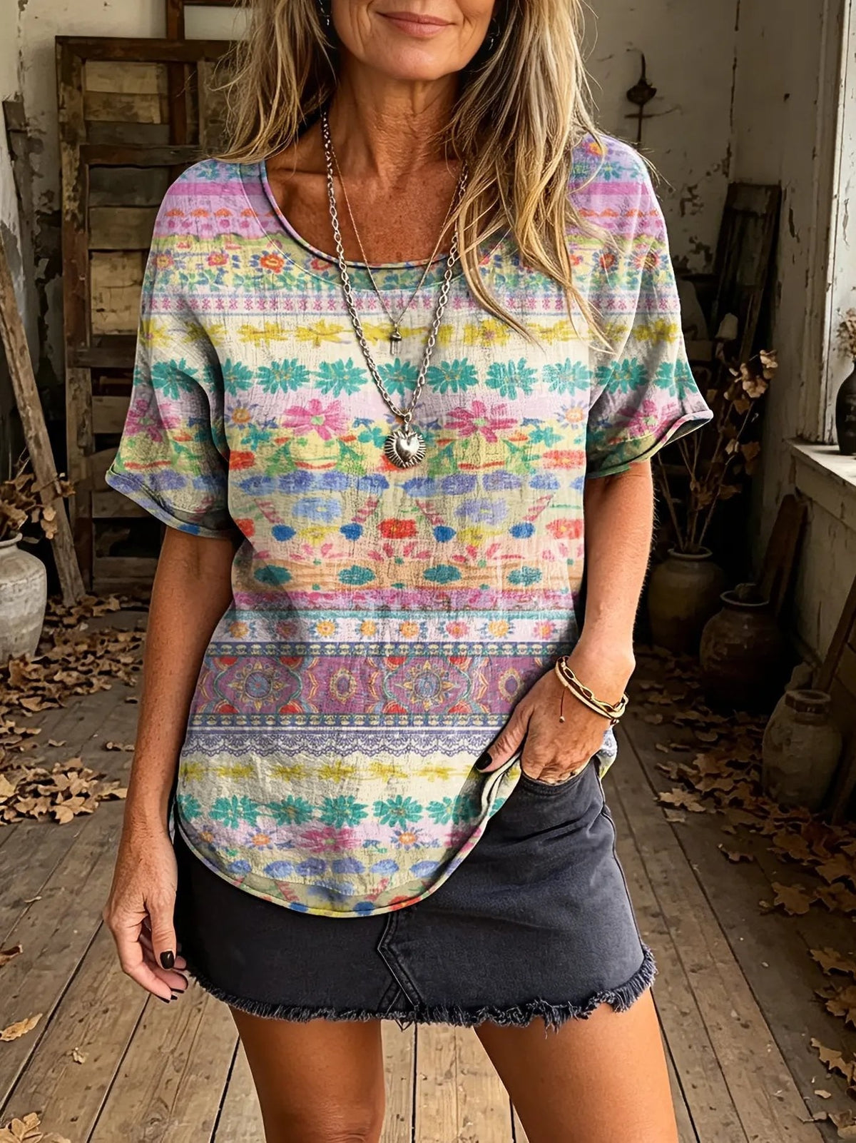 Women's Boho Ethnic Floral Stripe Print Loose Fit T-Shirt