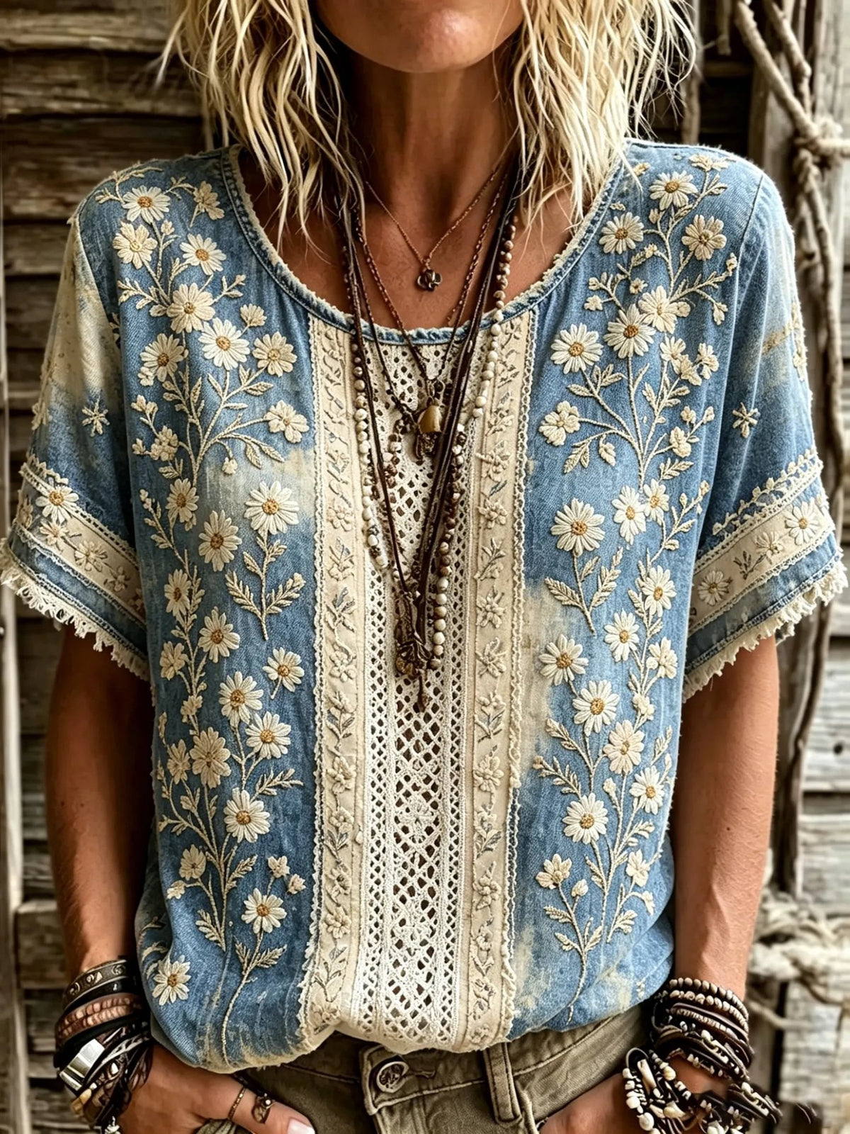 Women's Washed Denim Daisy Lace Cotton Blouse