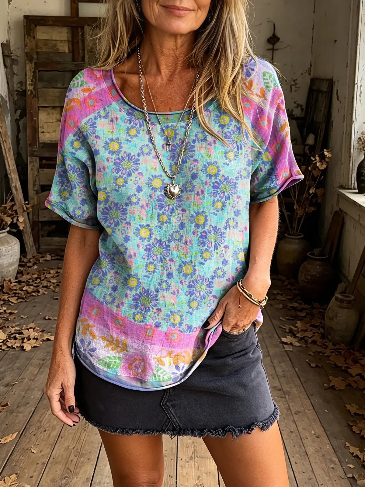 Women's Pastel Ditsy Floral Print Boho Loose Short Sleeve T-Shirt