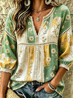Women's Daisy Floral Print Lace Cotton Blouse