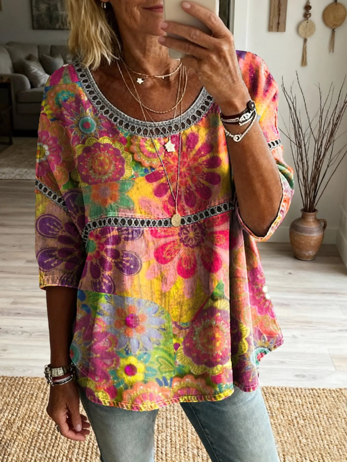 Ethnicity Flowers Geometry Patchwork Women's Vintage Art Print Casual Round Neck Cutout Top