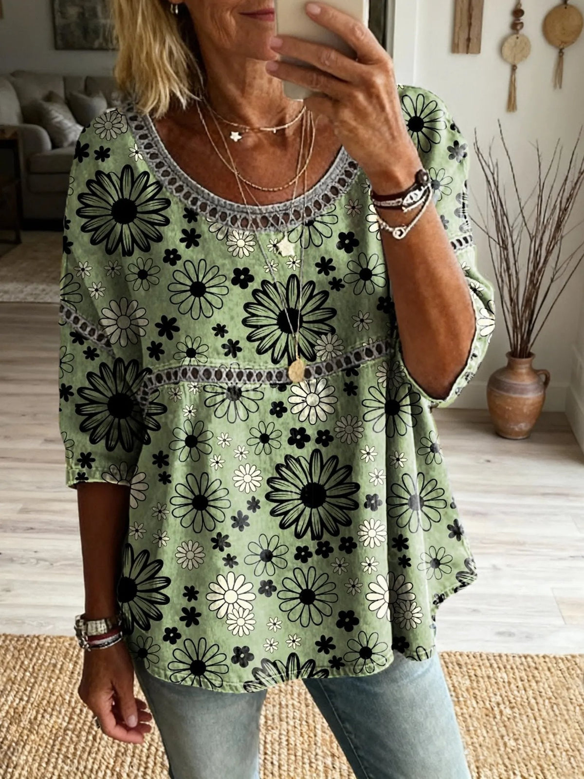 Ethnic Flowers Geometry Women's Vintage Art Print Casual Round Neck Cutout Top