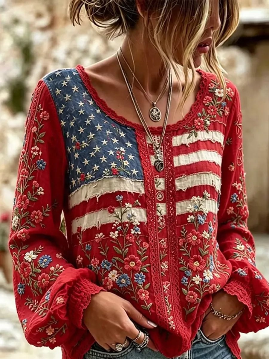 Women's American Flag Floral Print Cotton Blouse