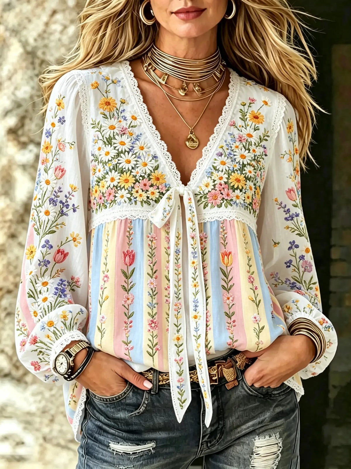 Women's Boho Wildflower Print Cotton Tie-Neck Blouse
