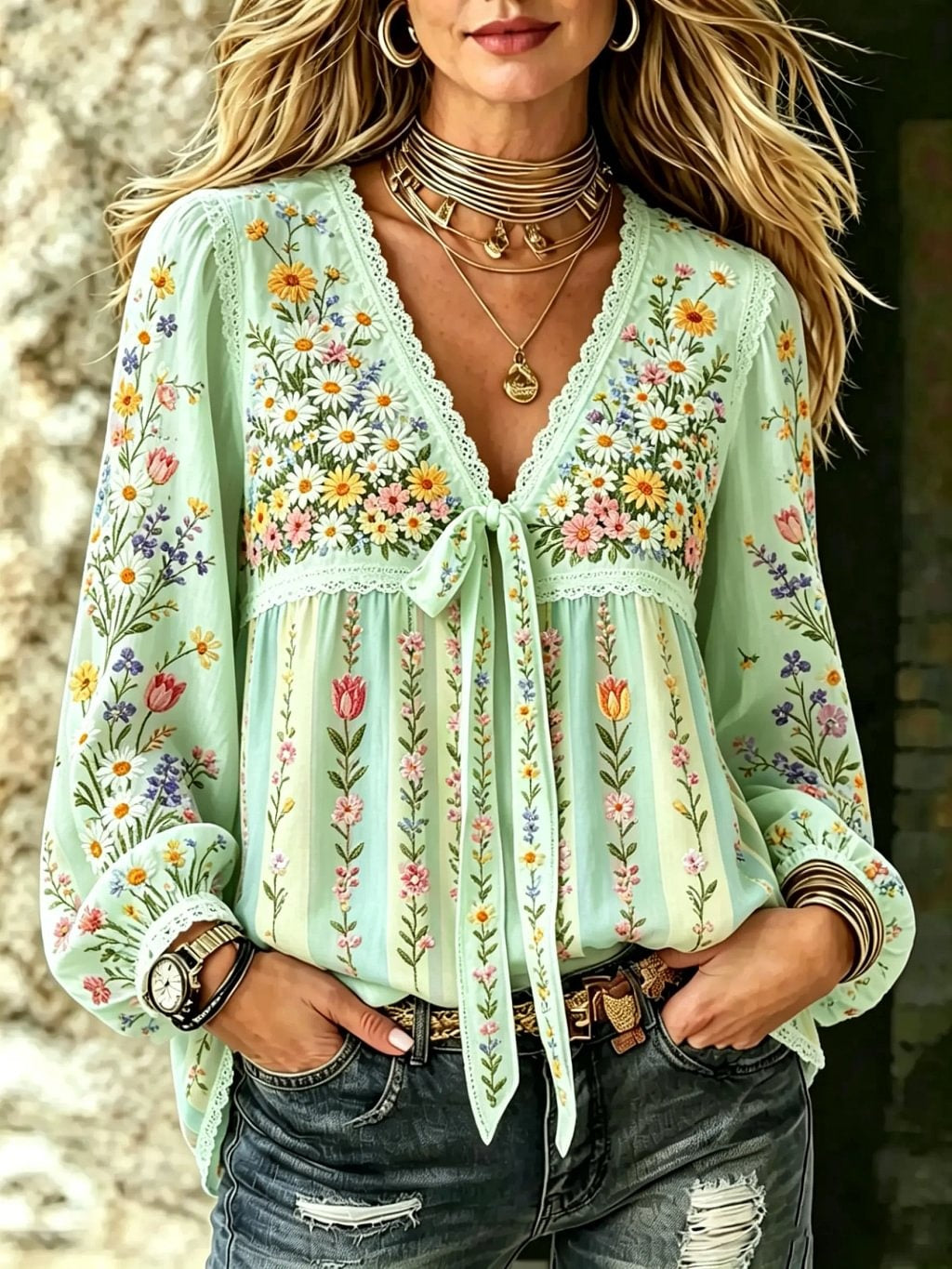 Women's Boho Wildflower Print Cotton Tie-Neck Blouse