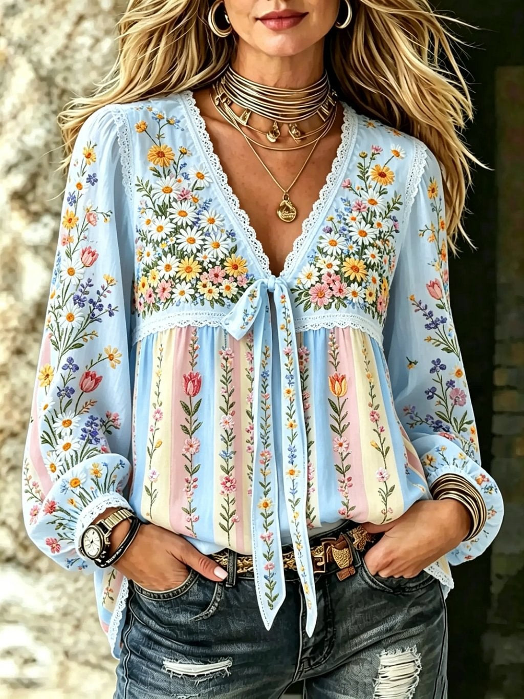 Women's Boho Wildflower Print Cotton Tie-Neck Blouse