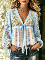 Women's Boho Wildflower Print Cotton Tie-Neck Blouse