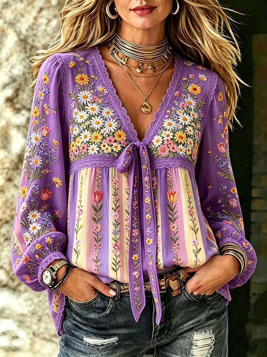 Women's Boho Wildflower Print Cotton Tie-Neck Blouse