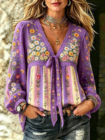 Women's Boho Wildflower Print Cotton Tie-Neck Blouse