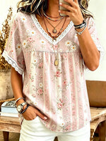 Women's Ditsy Floral Stripe Print Cotton Lace Trim V-Neck Blouse