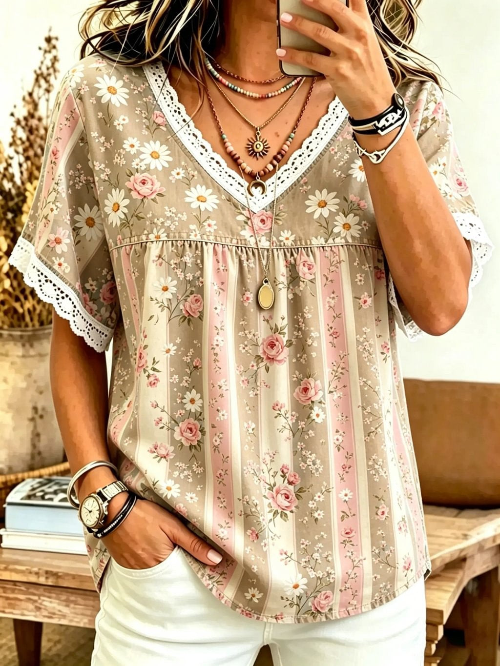Women's Ditsy Floral Stripe Print Cotton Lace Trim V-Neck Blouse