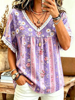 Women's Ditsy Floral Stripe Print Cotton Lace Trim V-Neck Blouse