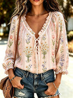Women's Ditsy Floral Stripe Print Cotton Lace-Up Peasant Blouse