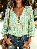 Women's Ditsy Floral Stripe Print Cotton Lace-Up Peasant Blouse