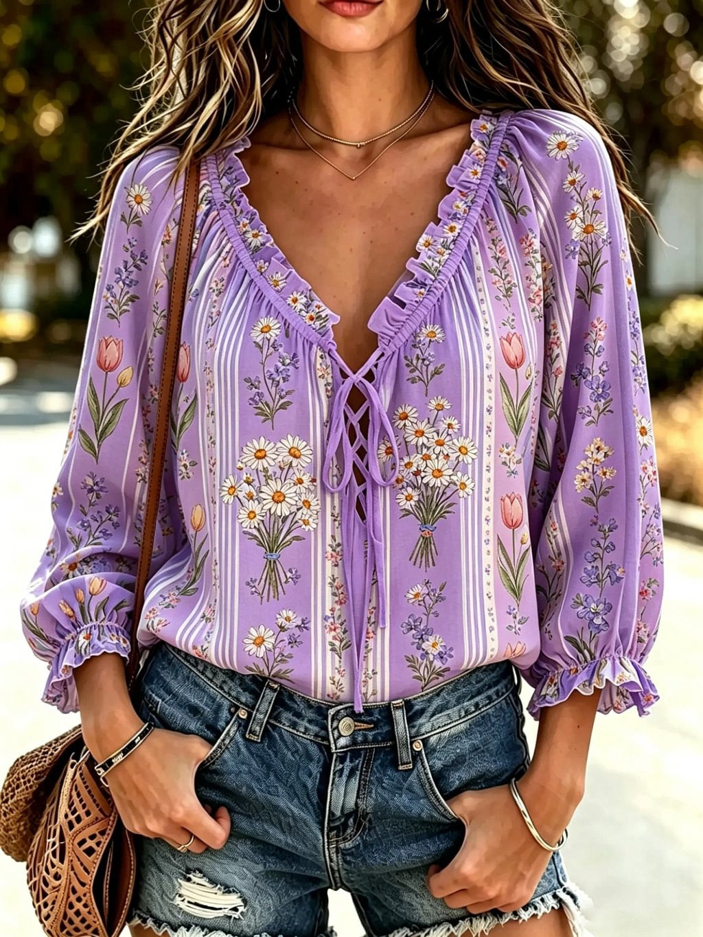 Women's Ditsy Floral Stripe Print Cotton Lace-Up Peasant Blouse