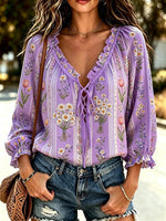 Women's Ditsy Floral Stripe Print Cotton Lace-Up Peasant Blouse