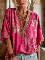 Women's Boho Floral Art Print Cotton V-Neck Blouse