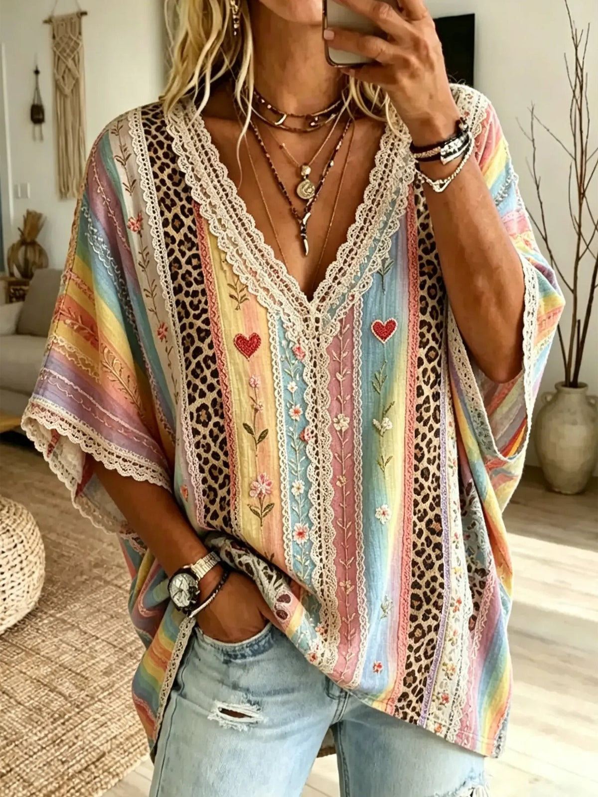 Women's Rainbow Stripe Leopard Print Lace Cotton Kimono Blouse