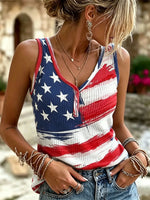 Women's American Flag Print Cotton Ribbed Knit Henley Tank Top