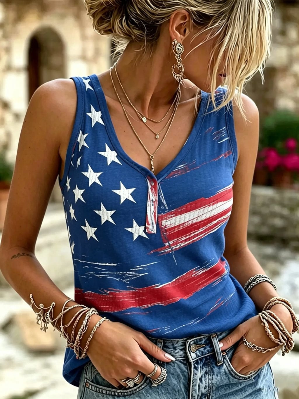 Women's American Flag Print Cotton Ribbed Knit Henley Tank Top