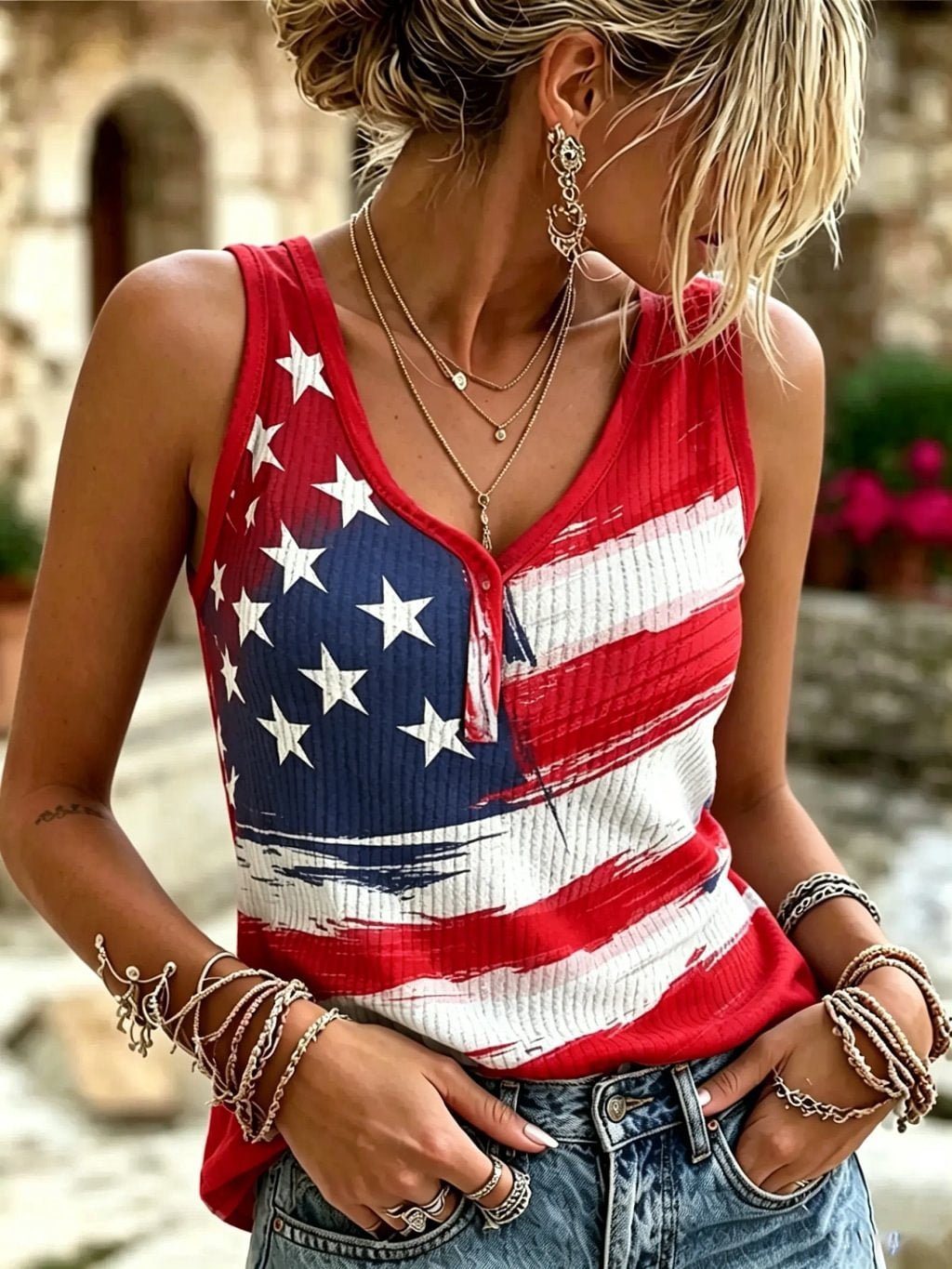 Women's American Flag Print Cotton Ribbed Knit Henley Tank Top