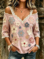 Women's Floral Patchwork Print Cotton Lace Trim Off-Shoulder Blouse