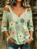 Women's Floral Patchwork Print Cotton Lace Trim Off-Shoulder Blouse