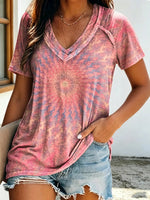 Women's Tie-Dye Print Cotton V-Neck Short Sleeve T-Shirt