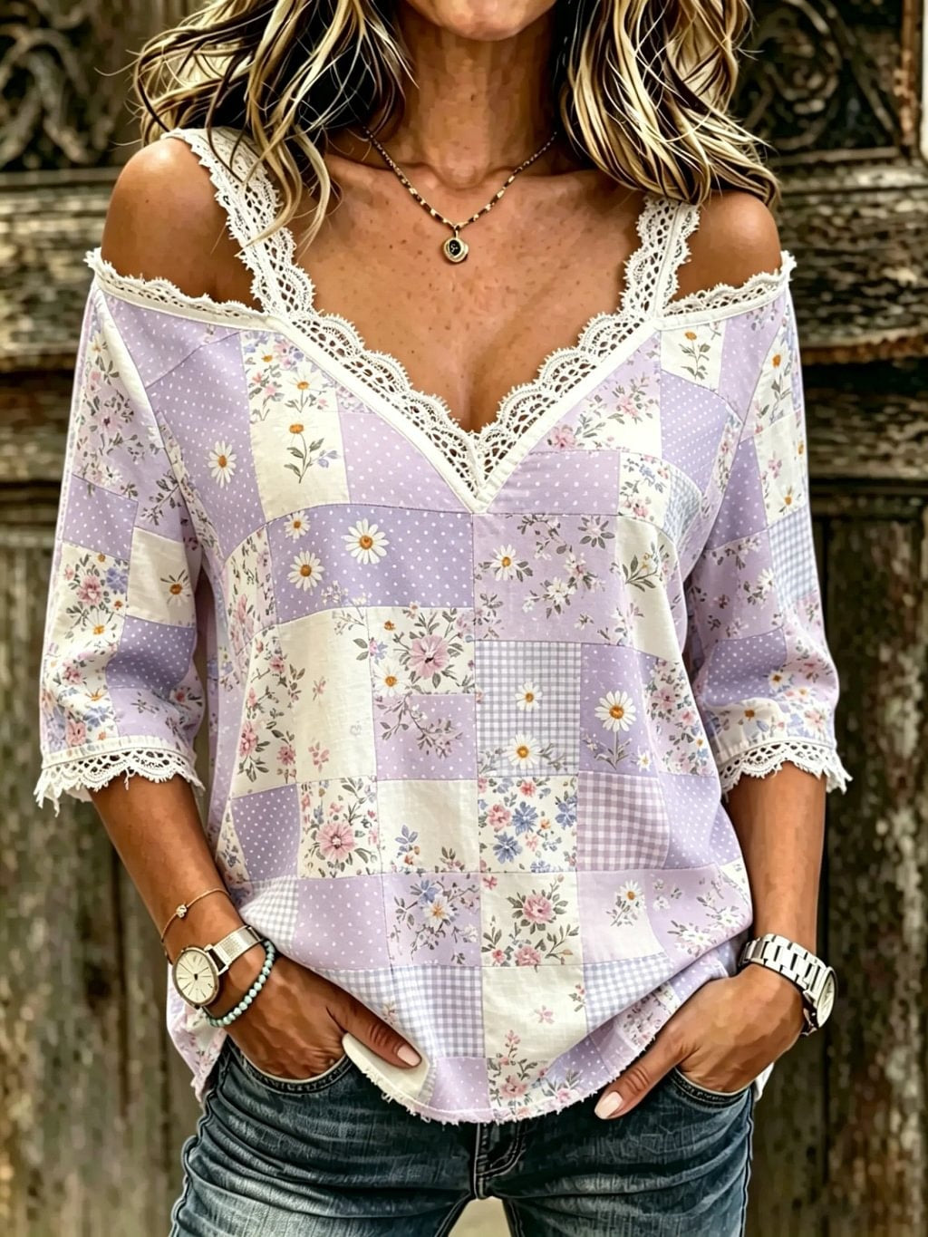 Women's Patchwork Floral Print Cotton Lace Trim Off-Shoulder Blouse