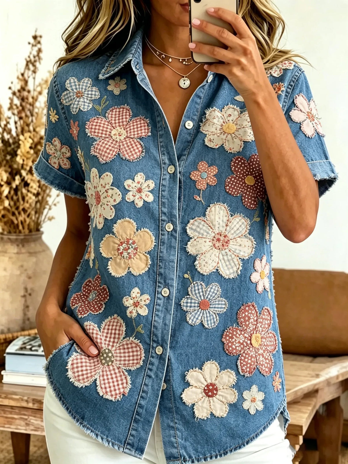 Women's Floral Patchwork Print Cotton Short Sleeve Button-Down Shirt