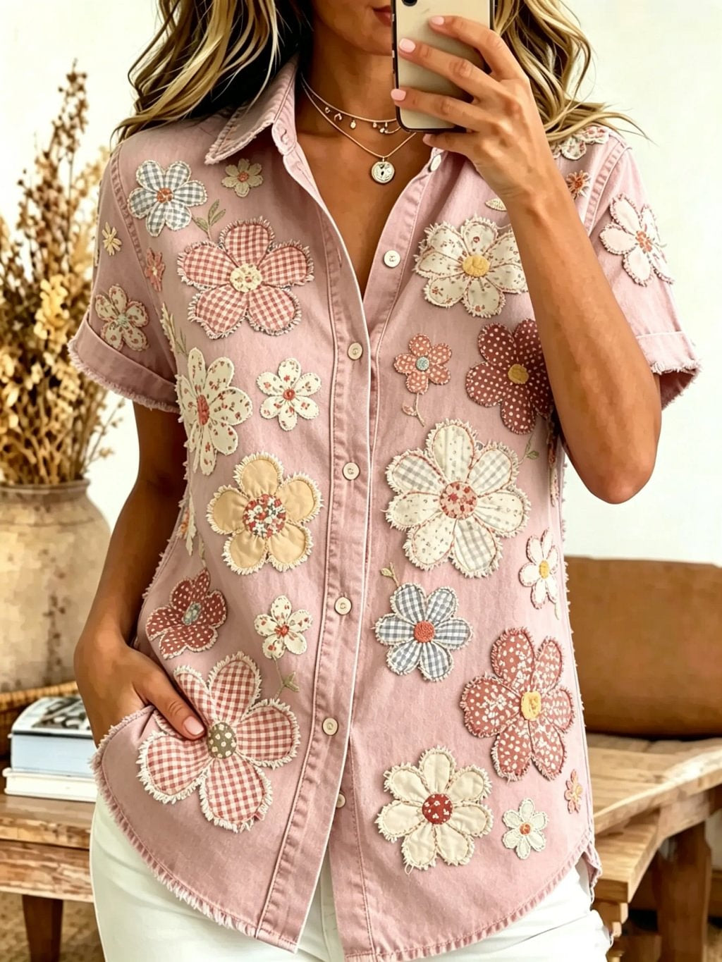 Women's Floral Patchwork Print Cotton Short Sleeve Button-Down Shirt