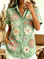Women's Floral Patchwork Print Cotton Short Sleeve Button-Down Shirt