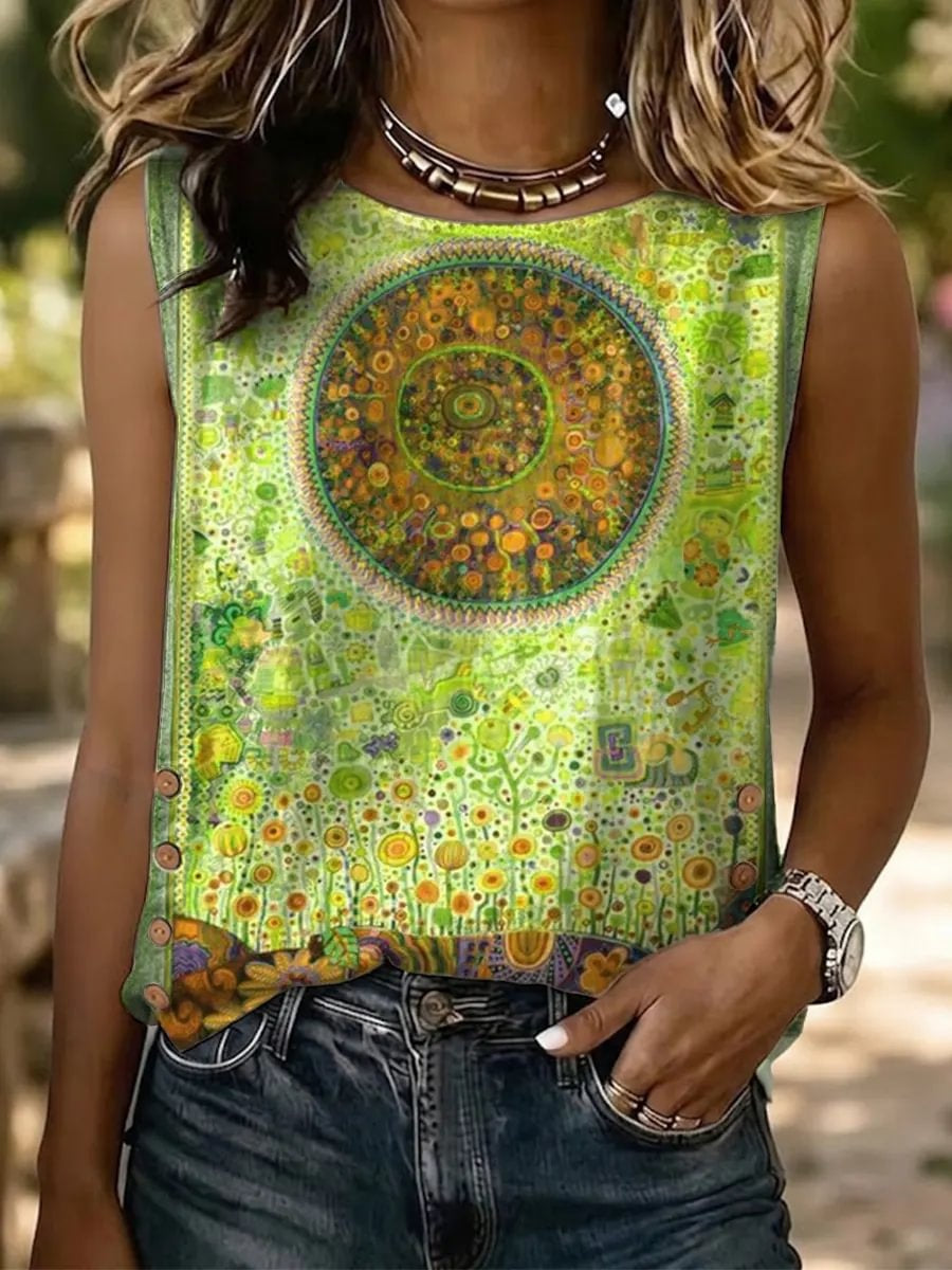 Ethnicity Abstract Geometry Pattern Women's Casual Button-down Tank Top