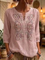 Women's Retro Paisley Round-neck Embroidered Cotton Shirt