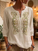 Women's Retro Paisley Round-neck Embroidered Cotton Shirt