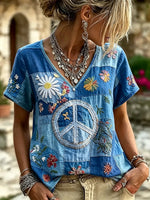 Women's Hippie Peace Sign Floral Patchwork Embroidered V-Neck Short Sleeve T-Shirt