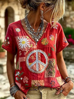 Women's Hippie Peace Sign Floral Patchwork Embroidered V-Neck Short Sleeve T-Shirt